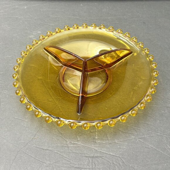 Vintage Amber Glass 3 Divided Serving Plate Dish Beaded Edge 70s 80s Art Deco - Picture 1 of 10